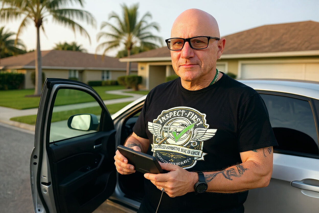 Anthony running an OBD-II diagnostic at a residential driveway