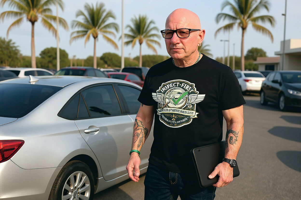 Anthony performing a walk-around inspection at a dealer lot