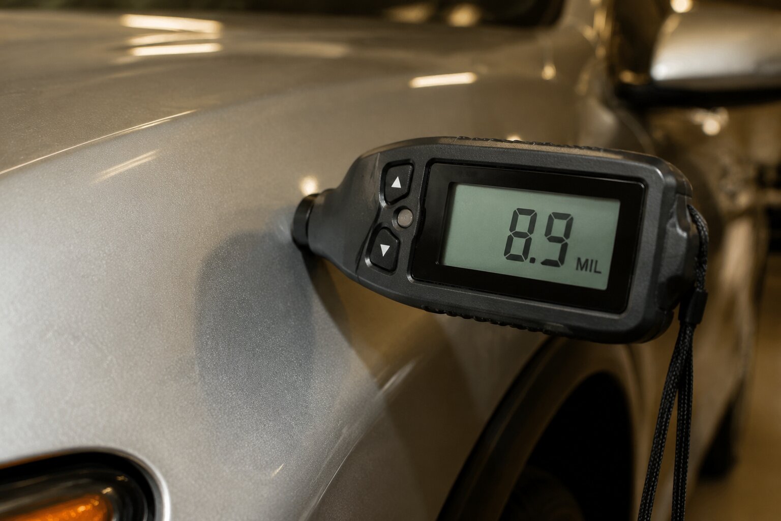 Digital paint-depth meter pressed against silver fender reading 8.9 mil