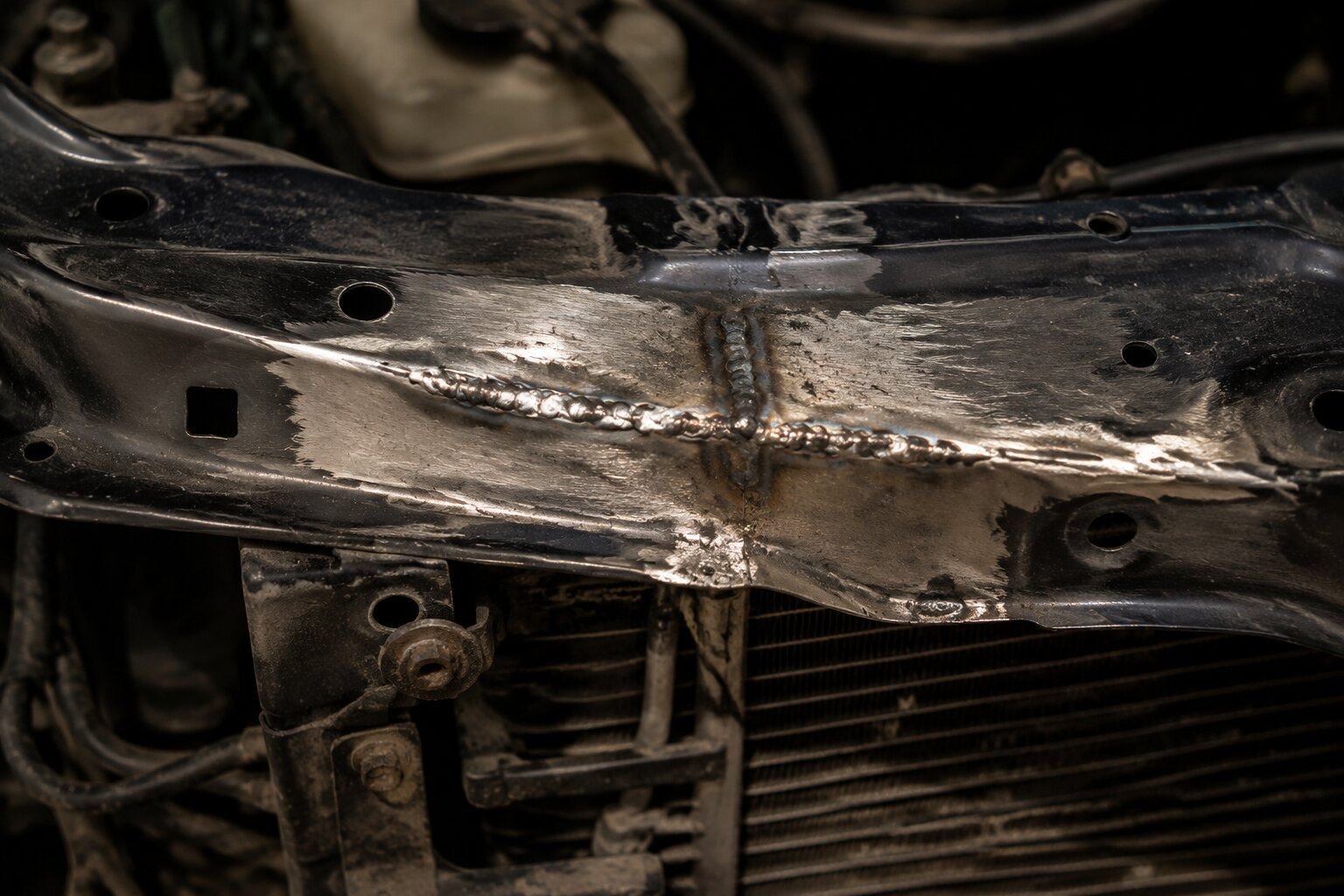 Re-welded radiator support seam with grinding marks