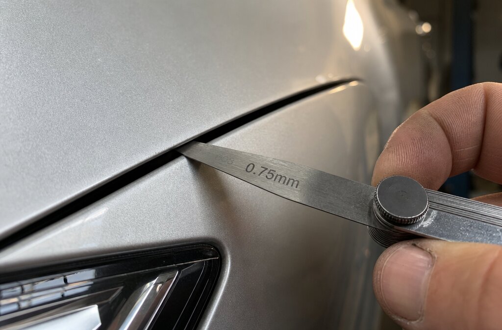 Feeler gauge measuring widened hood-to-fender panel gap